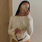 Women's Ruched Long Sleeve T-shirt, Female White Blouses, Skinny Cropped Bottoming Shirt, Y2K Top Clothes, Casual Fashion, Autum