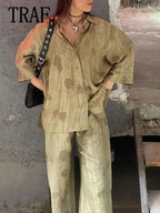 Women Print Long Pants Sets For Women Lapel Half Sleeve Single Breasted Shirts + High Waist Lace-Up Wide Leg Pants