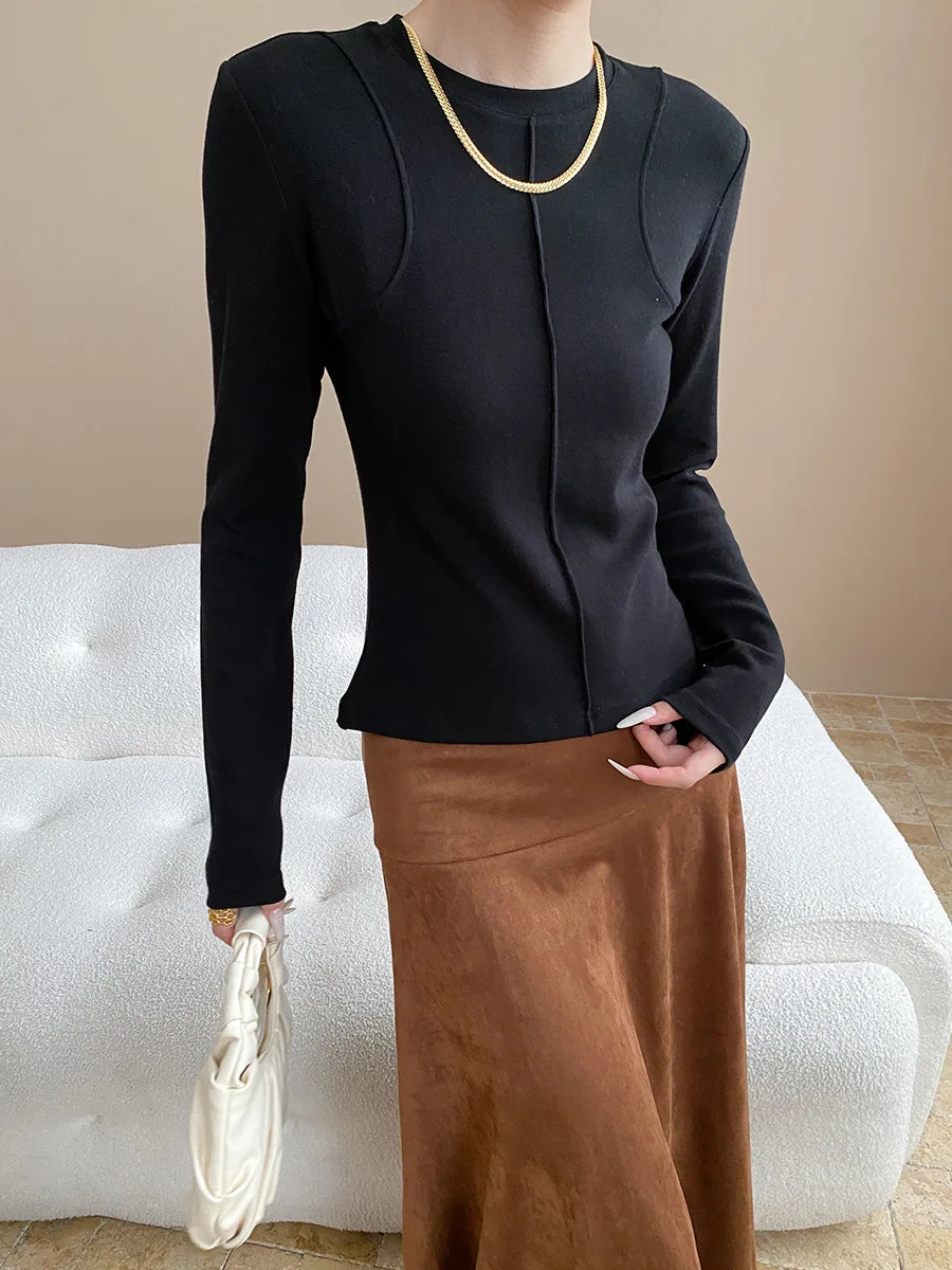 Women's casual stitching slim fit shoulder slimming base long sleeved T-shirt