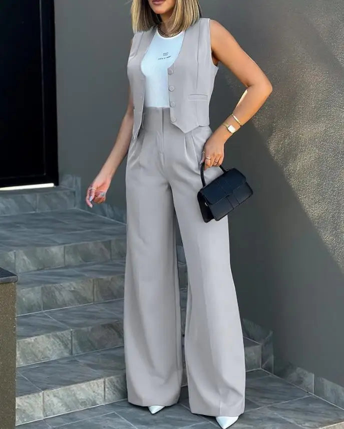 Pant Sets Women Wide Leg Pants Two Piece Suit Single Breasted Vets Sleeveless High Waist Elegant Trousers Pockets Solid Outwear
