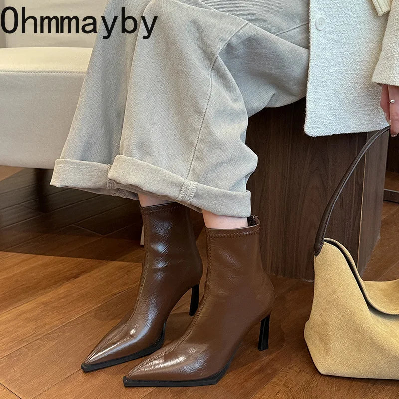 High Heel Women Ankle Boots Fashion Pointed Toe Autumn Winter Ladies Elegant Mordern Short Booties