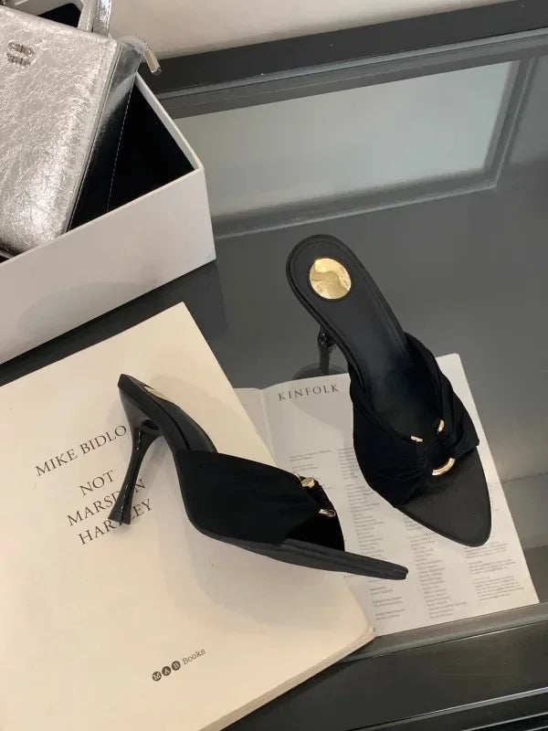 Women's High Heels Slippers Pointed Toe Metal Decoration Thin Heels Shoes Women Dress Fashion Korean Style Zapatillas De Mujer