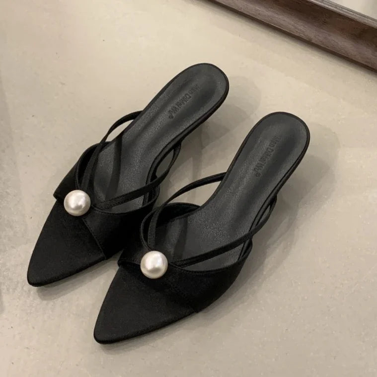 High Heels Slippers Women Bead Pointed Toe Sandals Shoes Summer 2025 Trend Sexy Open Toe Woman Brand Designer Sandalias Pumps