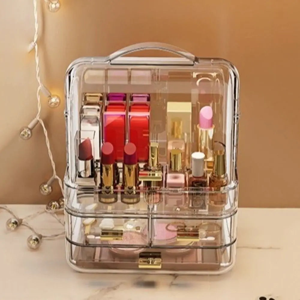 Drawer Style Cosmetics Storage Box with Lid and Handle Clear Skincare Display Cases Dustproof Multilayer Makeup Storage Rack