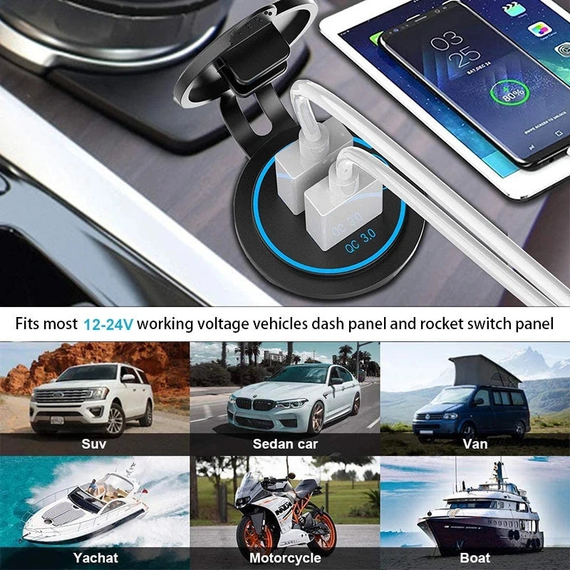 Quick Charge 3.0 Dual USB Fast Car Charger Socket Accessories Waterproof 12V/24V QC3.0 Power Outlet with Touch Switch&Led Light