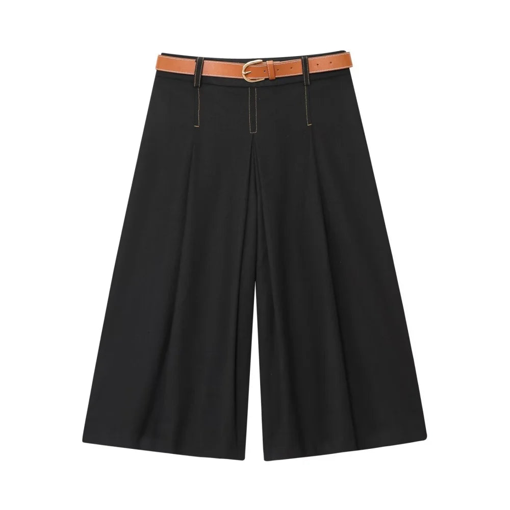 Women's Color Contrasting Stitch Collar Single breasted Straight Tank Top Long Fold Belt Bermuda Shorts Summer New Pants