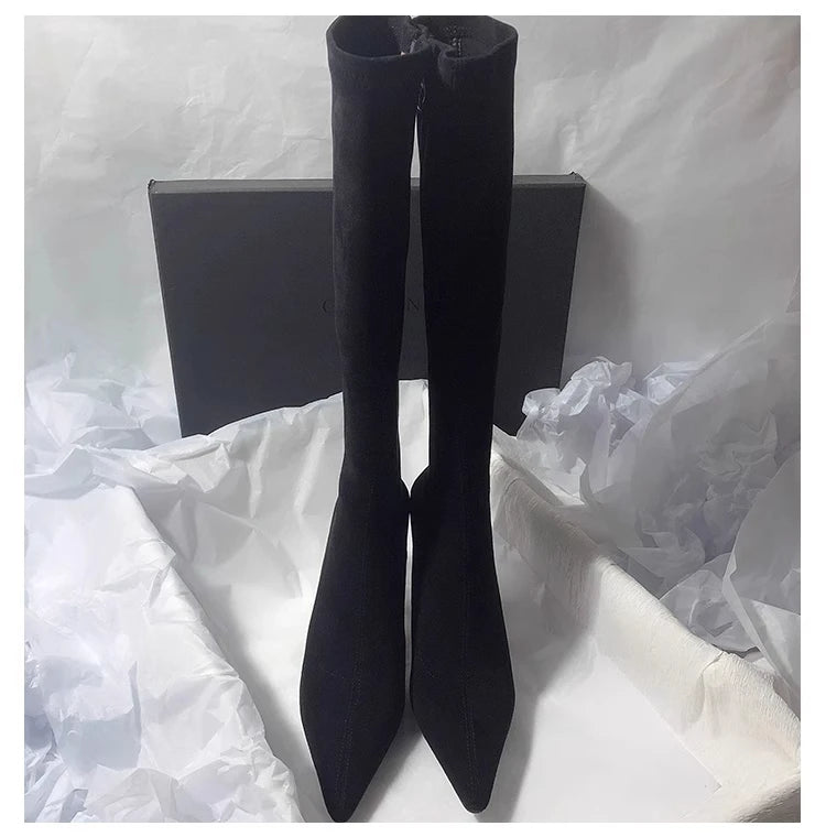 High Heels Women High Boots Suede Pointed Toe Elegant Knee High Shoes Woman Trend Fashion Sexy Pumps Party Chelsea Boots Mujer