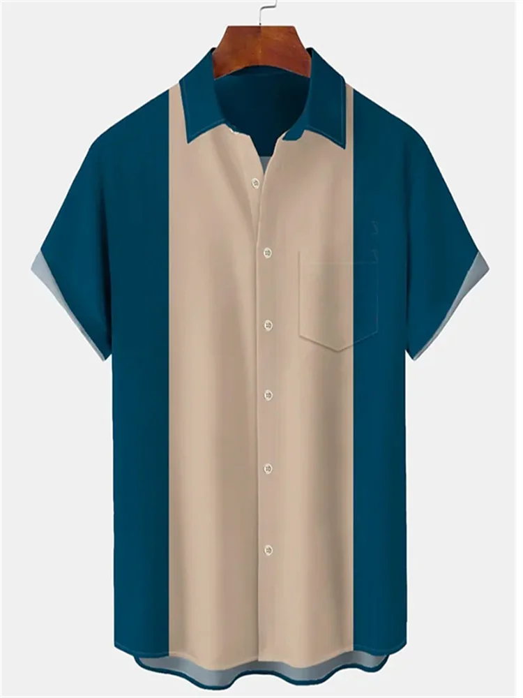 Men's Shirt New 2023 Casual Summer Shirt Beach Vacation Top Blue Short Sleeve Color Matching Lapel Front Pocket Clothing Fashion