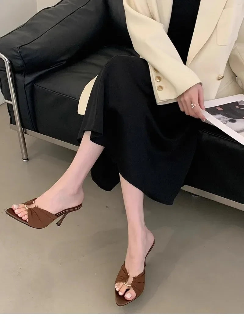 Elegant Woman Heeled Shoes 2025 New Open Toe Slippers Women Fashion Outdoor Metal Decoration Summer Plus Size Dress High Heels