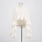 Solid Spliced Ruffles Loose Blouses For Women I Neck Long Sleeveless Temperament Minimalsit Shirts Female Fashion