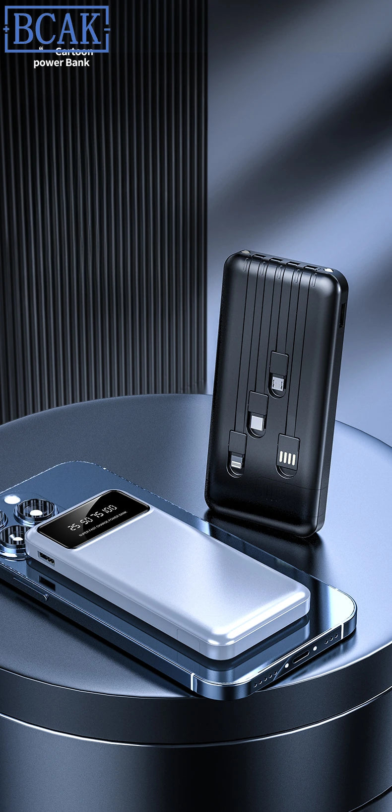 New Style BCAK power bank 20000mAh self-contained cable fast charging mini mobile phone gift mobile power supply