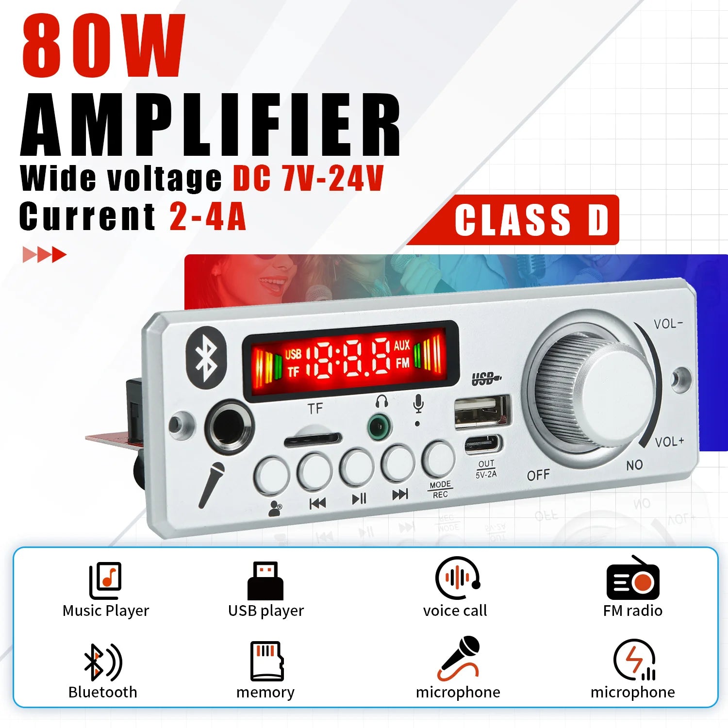 Handsfree 80W Amplifier Bluetooth DIY MP3 Decoder board 12V Wireless Car MP3 Player Record USB TF AUX FM Radio Folder Switching