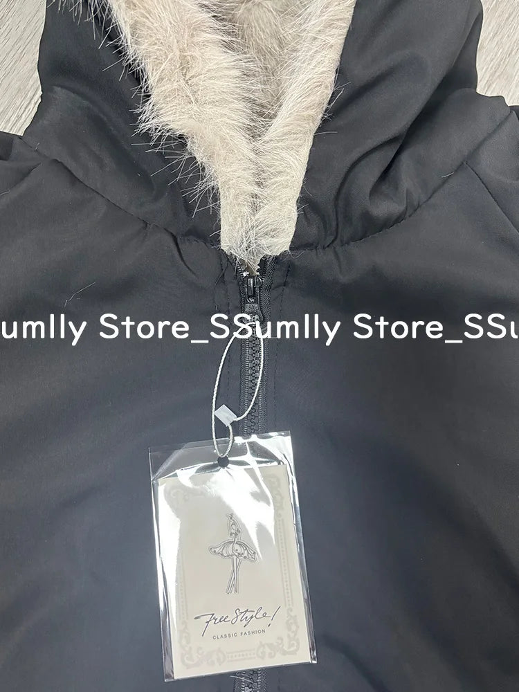 Winter New Elegant Liner Fur Loose Coat Women Y2k Fur Collar Hood Thick Fashion Parkas Casual Outerwear Cotton Padded Jackets