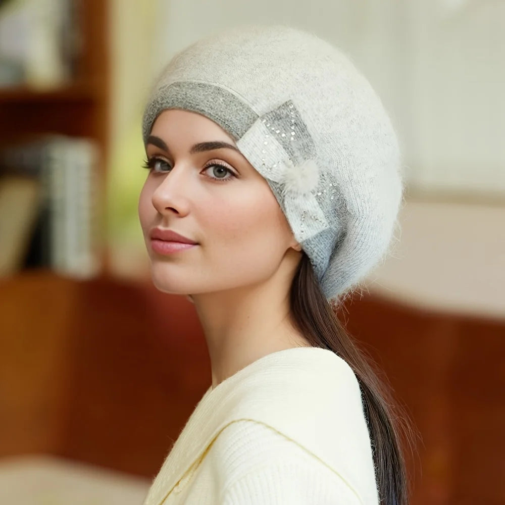 Autumn and winter hats, children's brimless rabbit fur hats, butterfly knot diamond knitted hats, pullover hats, double-layer th