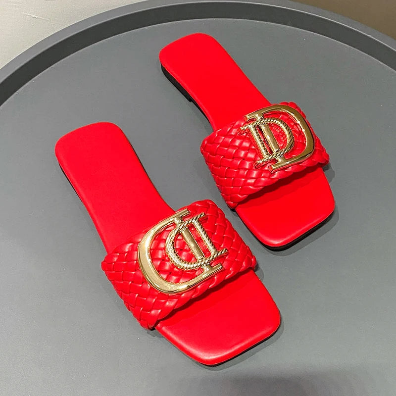 Women Slippers Party Sexy Elegant Slippers Women Luxury Decor Weave Designer Flat Sandals Fashion Open-toe Vacation Slides Women