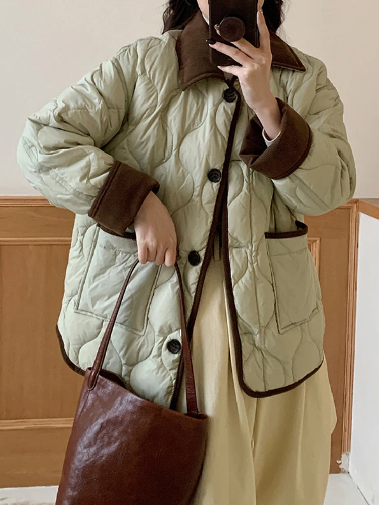 Winter New Fashion Corduroy Light Down Jacket Women Warm Casual Korean Vintage Outdoor Overcoat Loose Retro Cotton-padded Coat