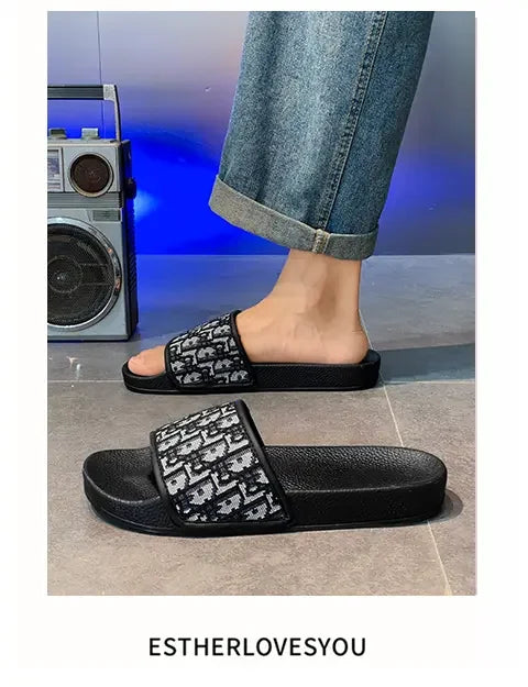 Men's Home Slippers Lightweight Summer New Style Flat and Worn Casual Retro Patterned Anti-slip Quick-drying Sandals