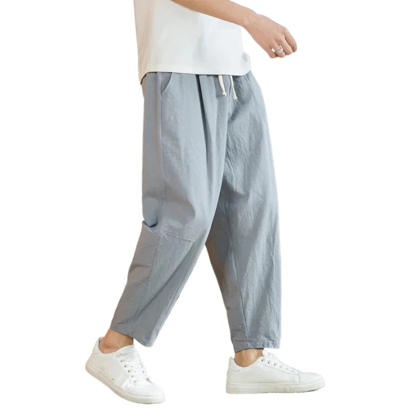 New Cotton Linen Mens Pants Casual Solid Color Breathable Streetwear Loose Straight Drawstring Baggy Lightweight Sport Pants