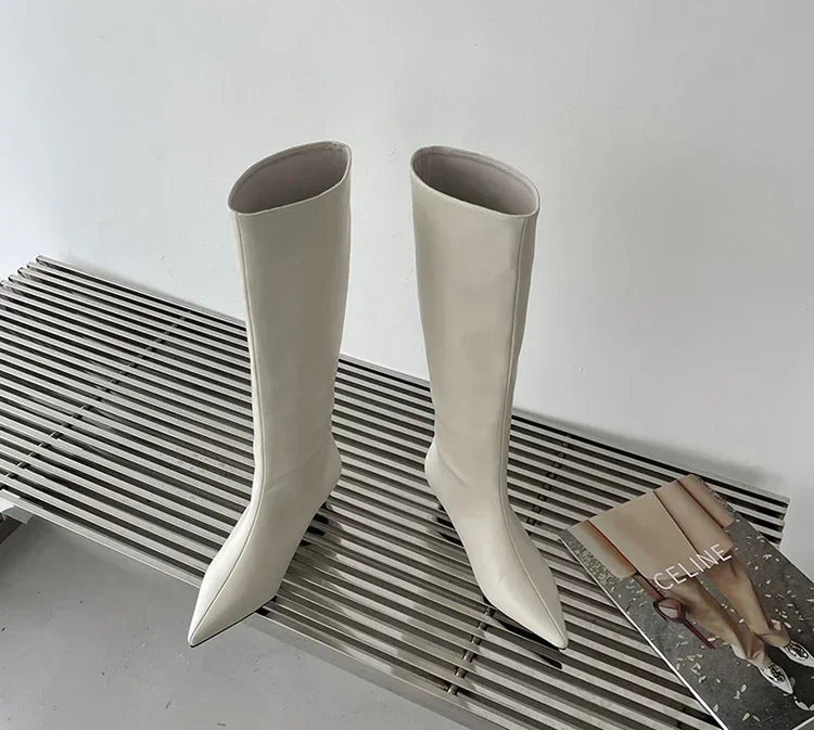 Pointed Toe Women High Boots Leather Fashion Sexy Heels Shoes Woman Trend New Snow Boots Low Heels Elegant Goth Mujer Botas