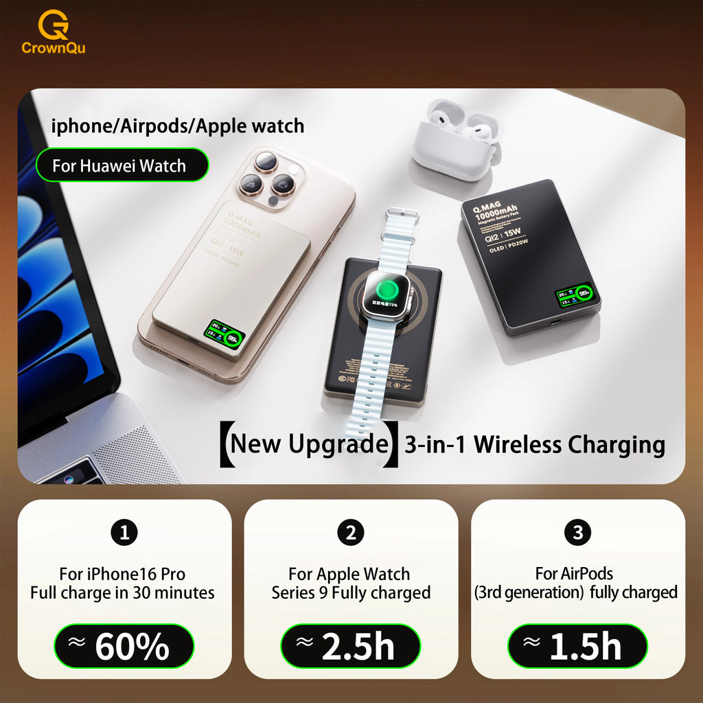 3 In 1 Magnetic Power Bank battery QI 15W Wireless Fast Charing With Intelligent  LCD Screen for iPhone 12-17 Pro Watch Airpods