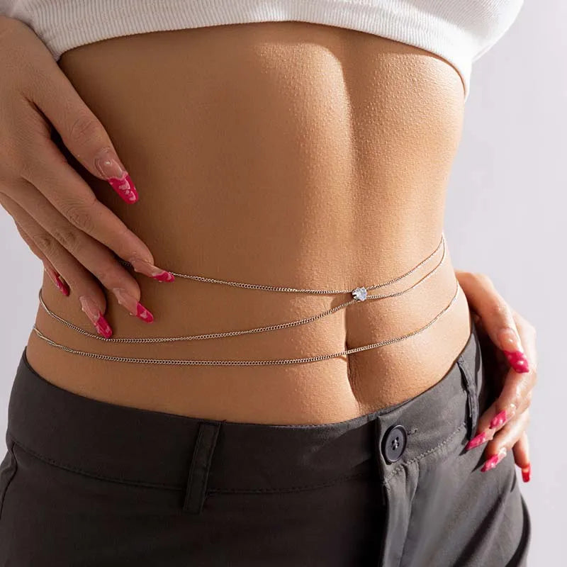Fashion Metal Double Layered Cross Waist Chain for Women Simple Rhinestone Heart Thin Chain Body Chain Party Jewelry Accessories