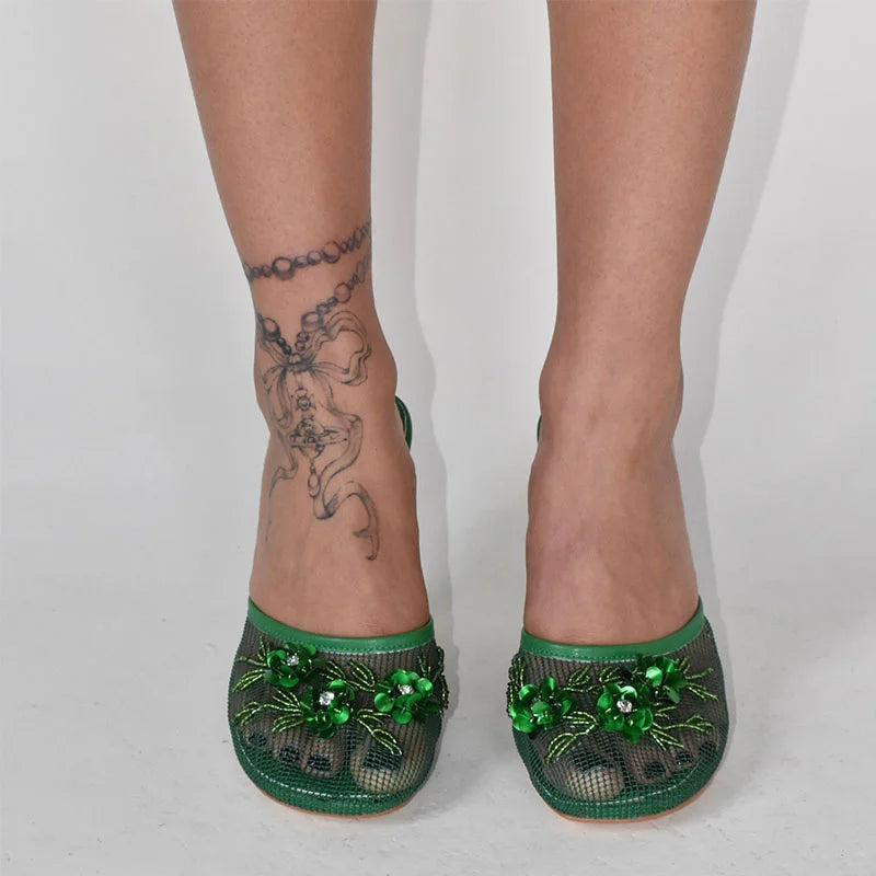 Woman Sandals 2025 Summer Fashion Sexy Hollow Out Strange Style Female Shoes Crystal Flower Decoration High Heel Ladies Slippers