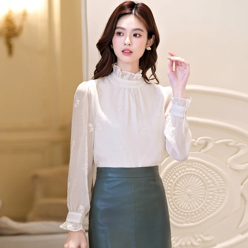 Women Blouse Shirt New Long Sleeve Ruffled Collar Elegant Embroidery Blouse Shirt Women Tops Blouses Shirts Blusas Camisas Q770