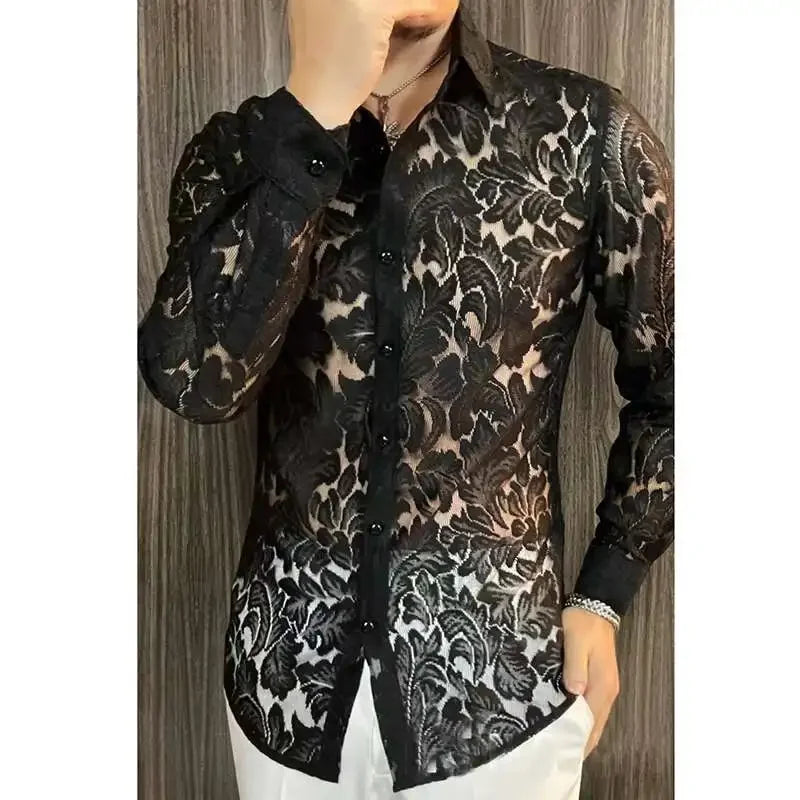Men's Slim Fit Shirt Spring Transparent Long Sleeved Shirt Men Nightclub Sexy Casual Social Party Shirt