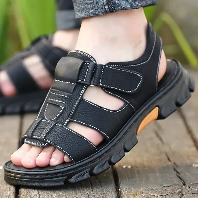 Men's Sandals Adjustable Solid Color Shoes Summer Casual Comfort with Durable Rubber Sole, Breathable PU for Outdoor Walking