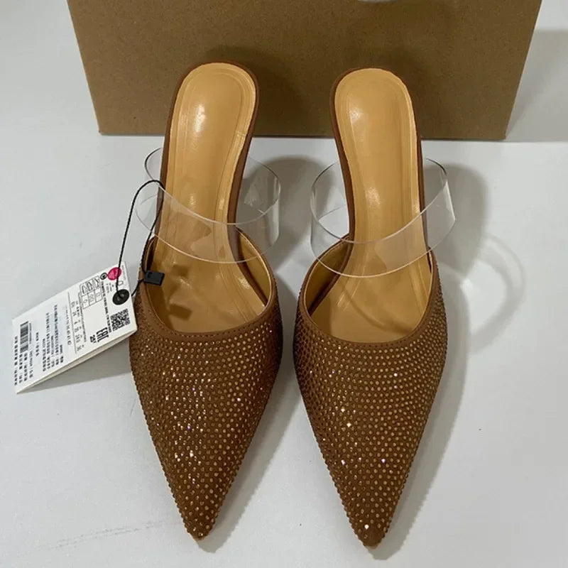 High Heels Mules Sandals Woman Sexy Summer Footwear 2025 Fashion PVC Transparent Pointed Bling Rhinestone Prom Party Shoes