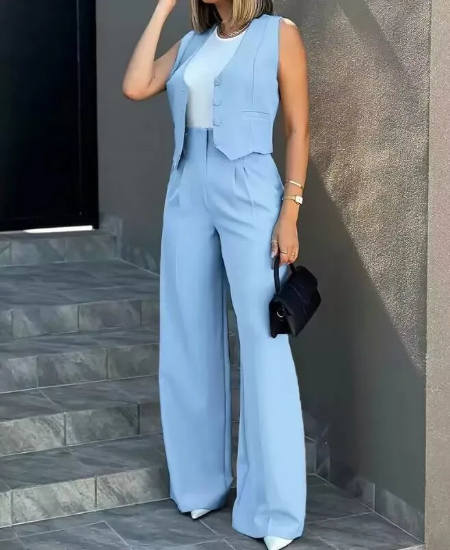 Pant Sets Women Wide Leg Pants Two Piece Suit Single Breasted Vets Sleeveless High Waist Elegant Trousers Pockets Solid Outwear