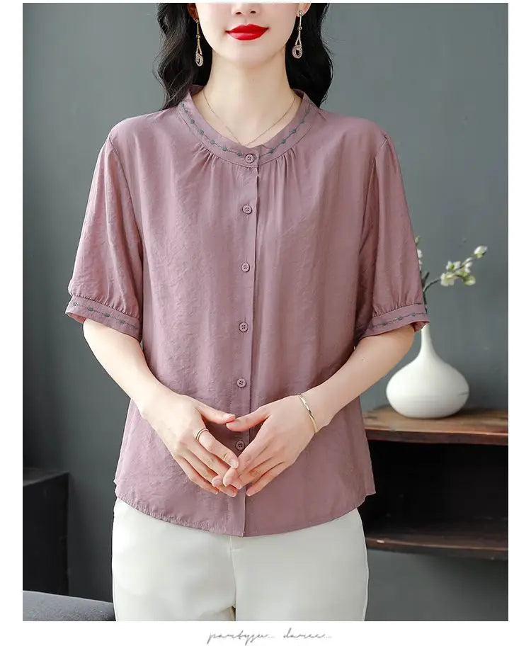 Embroidered Blouse Women Short Sleeve Summer Loose Slimming Top
