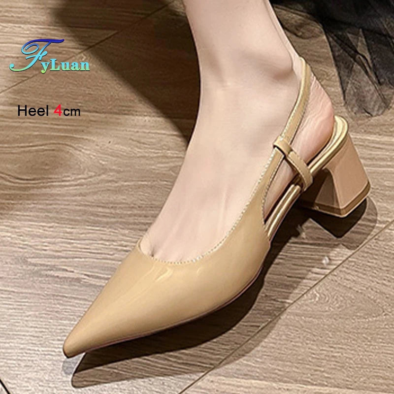2025 New Medium Heel Woman 4cm Sandals Shallow Mouth Glossy Closed Toe Sandals One Word Buckle Temperament Summer Outdoor Shoes