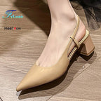 2025 New Medium Heel Woman 4cm Sandals Shallow Mouth Glossy Closed Toe Sandals One Word Buckle Temperament Summer Outdoor Shoes