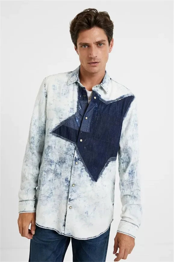 Original Spanish men's shirt with printed embroidery, designer style, light luxury, casual and loose fitting shirt