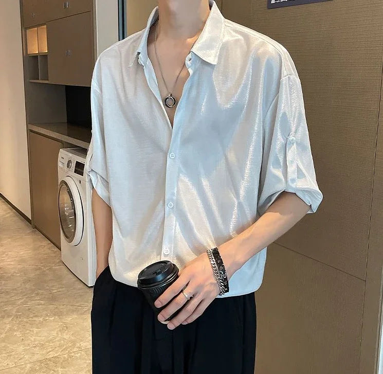 Man Shirt White Plain Hip Hop Shirts For Men Trend Regular Cool Tops Asia Button Up Original Korean Popular Clothes Summer S