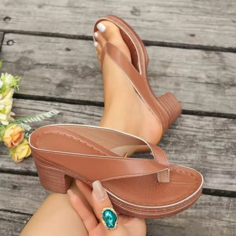 Women Sandals High Quality Summer Sandals Woman Solid Color Mid Heel High Heels Shoes Women Open Toe Flip Flops Sandals Female