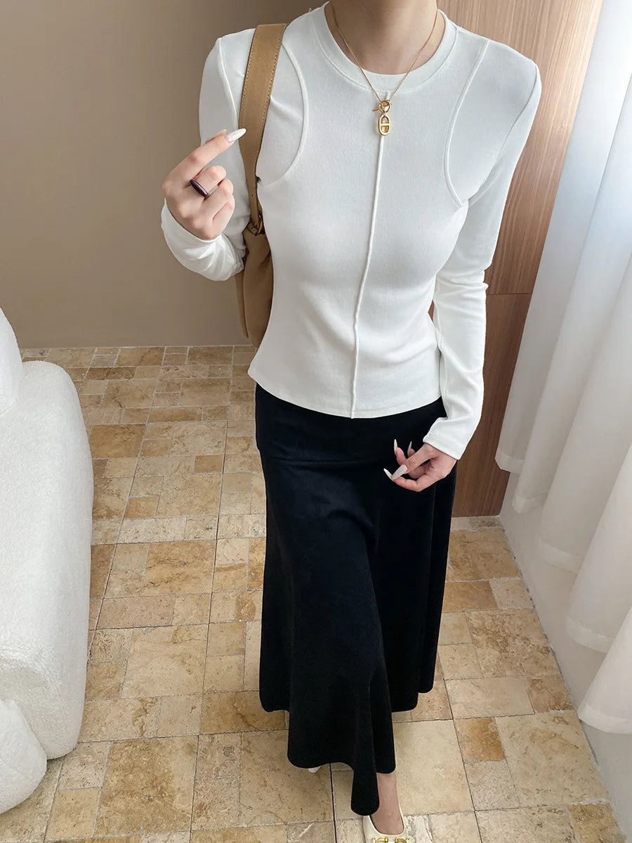 Women's casual stitching slim fit shoulder slimming base long sleeved T-shirt
