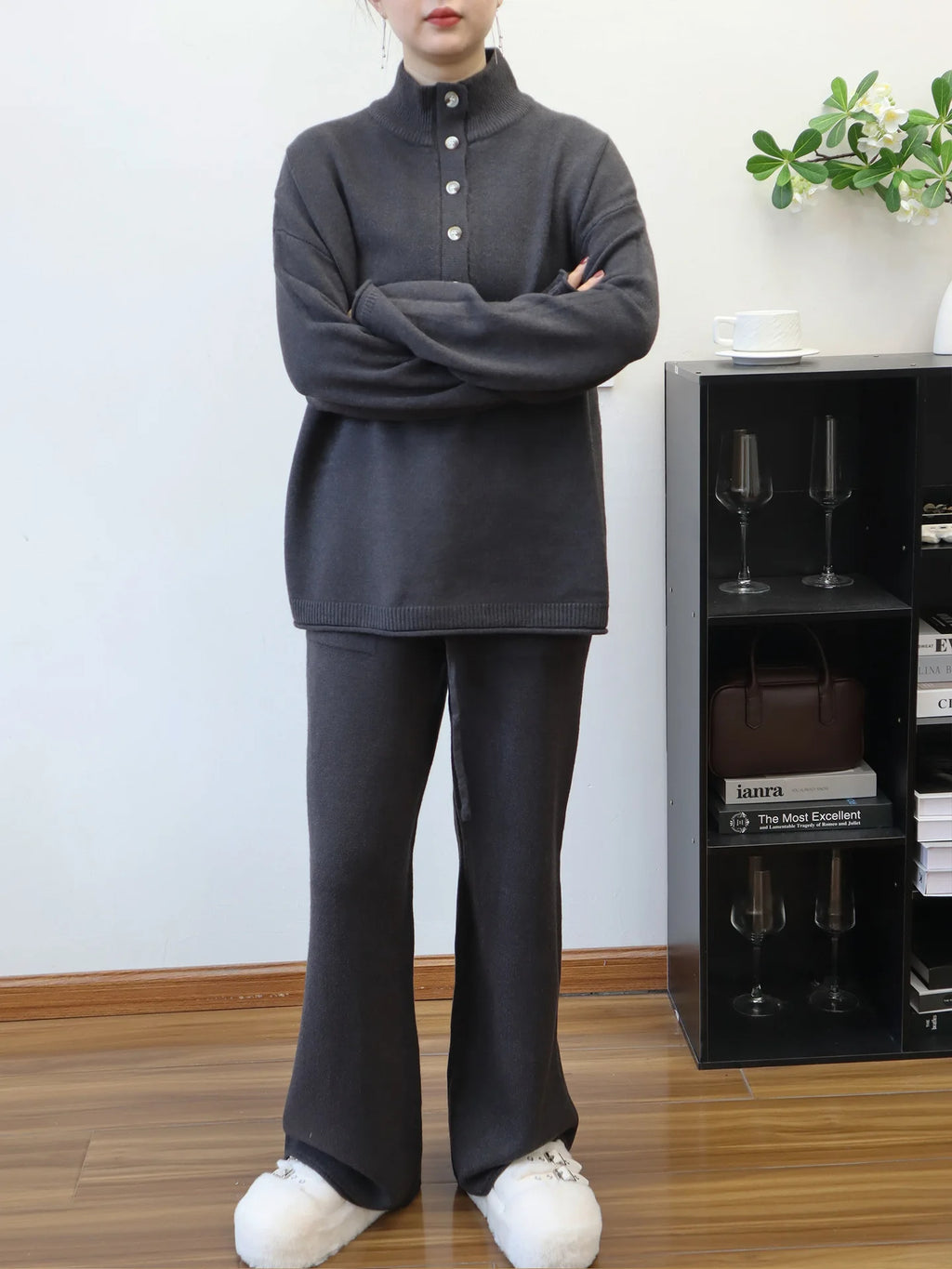 Pant Set Women Two Piece Sets Stand Collar Full Sleeve Knit Tops Wide Leg Long Pants Lace Up Elastic Waist Y2k Streetwear