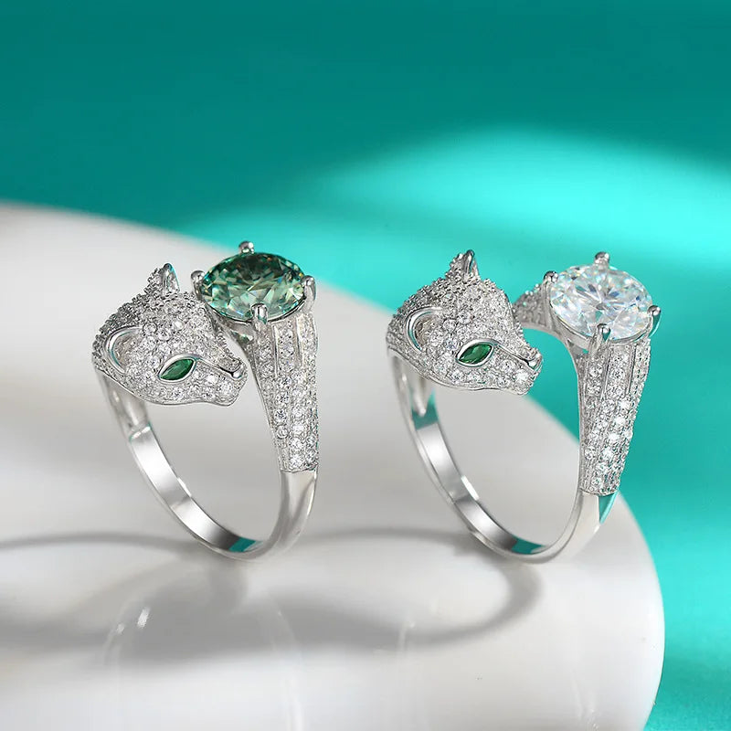 2ct Real Moissanite Diamond Ring Leopard Head Ring Pure S925 Sterling Silver for Women Wedding Fine Jewelry