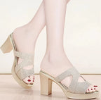 Woman Slippers Sexy Shoes for Women Job Leather Sandals Heeled Slides Black Summer 2024 on Sale Offer Comfortable and Elegan 39