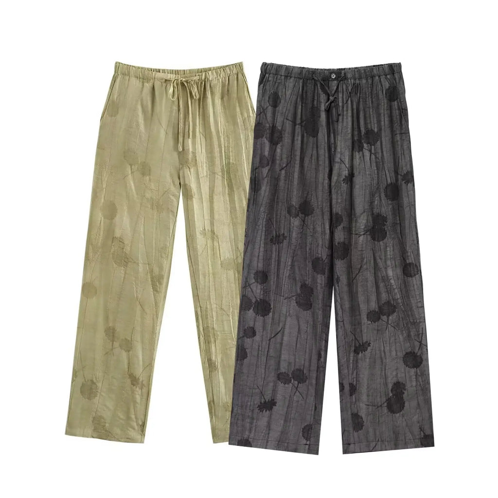 Women Print Long Pants Sets For Women Lapel Half Sleeve Single Breasted Shirts + High Waist Lace-Up Wide Leg Pants