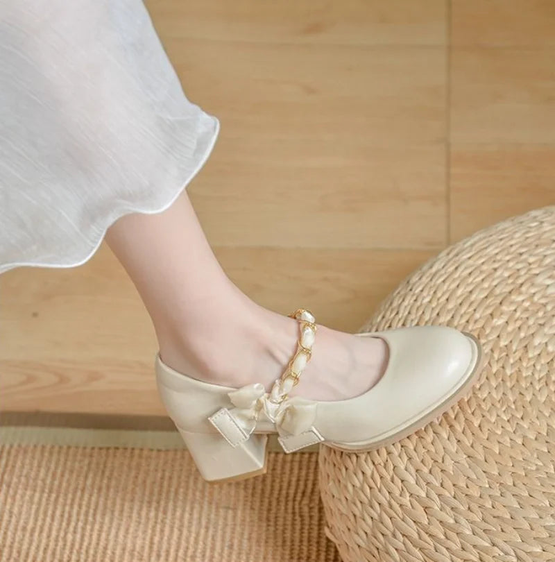 High Heels Shoes for Woman 2024 Pumps Square Toe Gothic Women's Summer Footwear Mary Jane Japanese Style Lolita with Bow White A