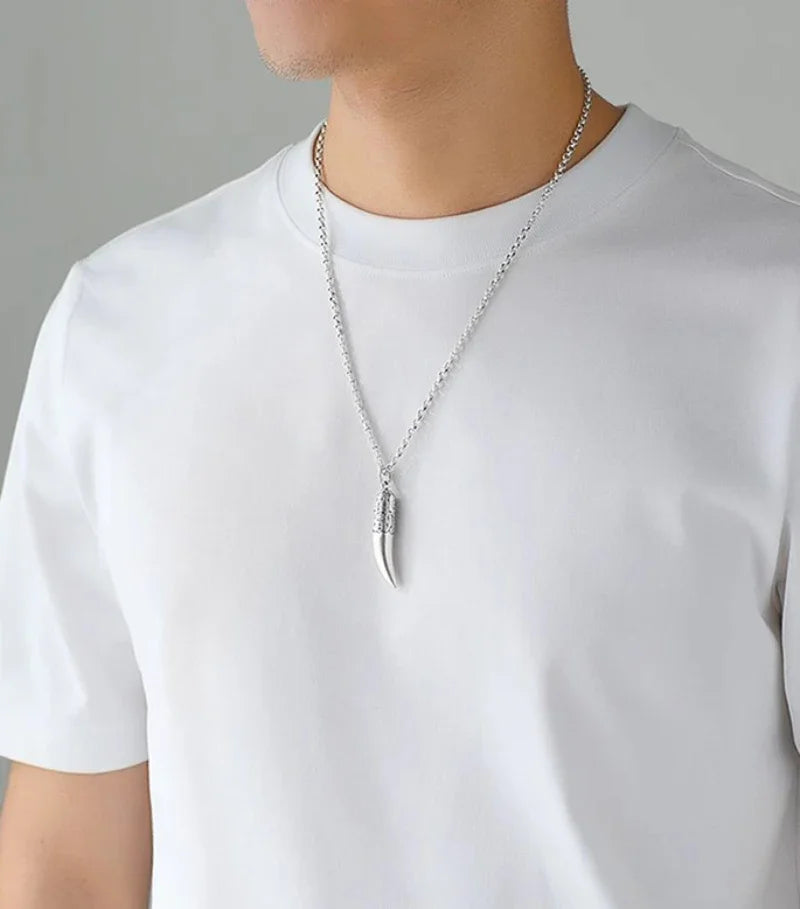 Creative 925 Silver Ethnic Style glossy Necklace Keel chains Banquet faceted wolf tooth Pendant for Men's Retro Jewelry