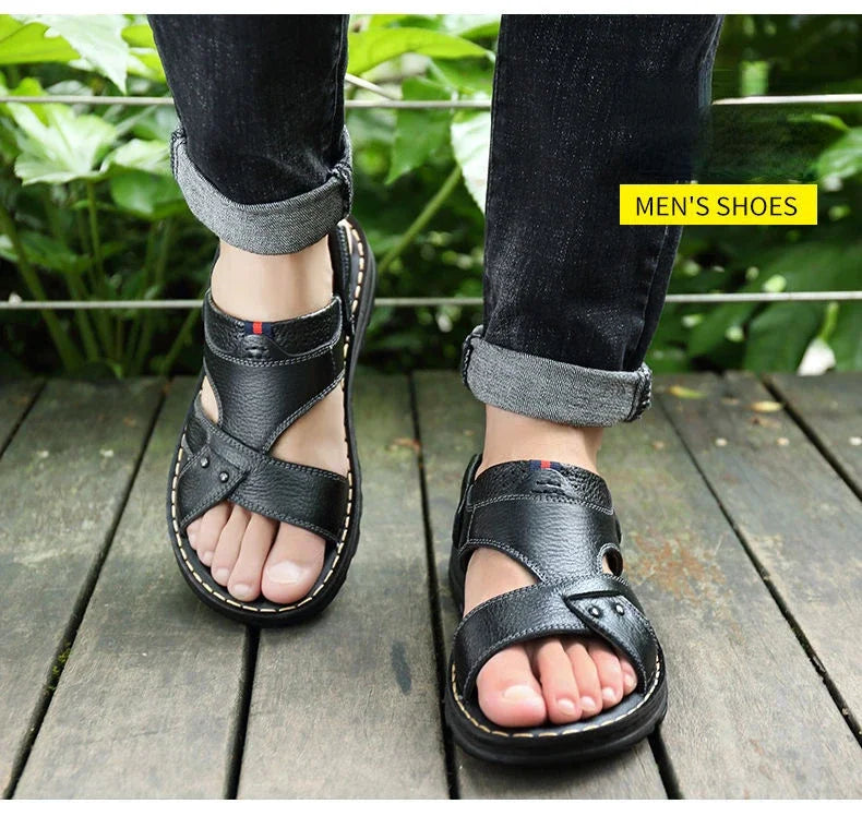 Men's Leather Summer Sandals 2025 Non-slip Thick-soled Comfort Soft Outdoor Beach Slippers