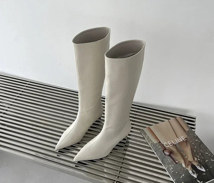 Pointed Toe Women High Boots Leather Fashion Sexy Heels Shoes Woman Trend New Snow Boots Low Heels Elegant Goth Mujer Botas