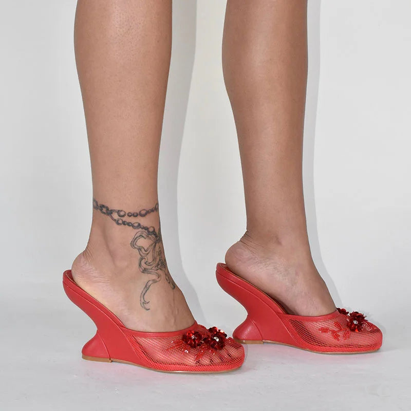 Woman Sandals 2025 Summer Fashion Sexy Hollow Out Strange Style Female Shoes Crystal Flower Decoration High Heel Ladies Slippers