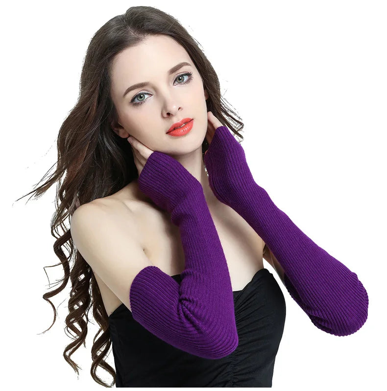 Autumn Winter 40 50 60CM Women's Wool Arm Warmers Knitted Woolen Arm Sleeve Solid Fine Long Knitted Fingerless Gloves Wholesale